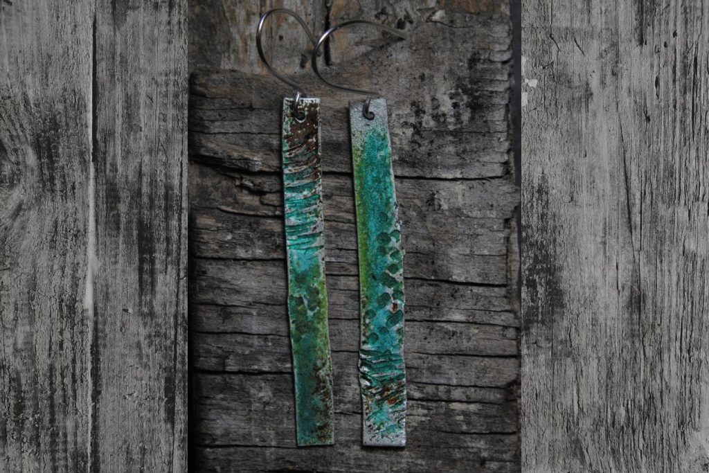Liz Samways Patina long enamelled earrings