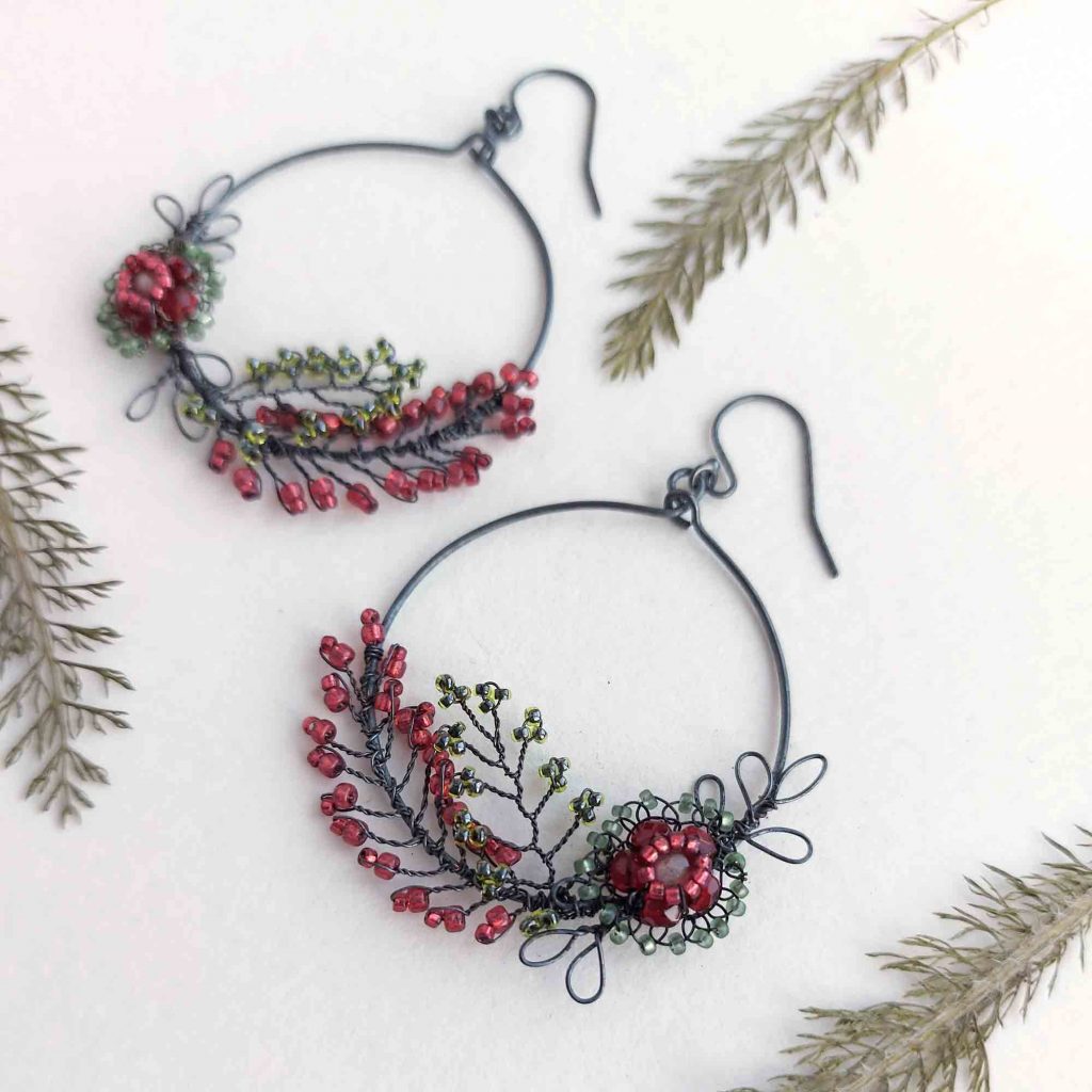 Statement garland earrings in red and green Judith Brown Jewellery