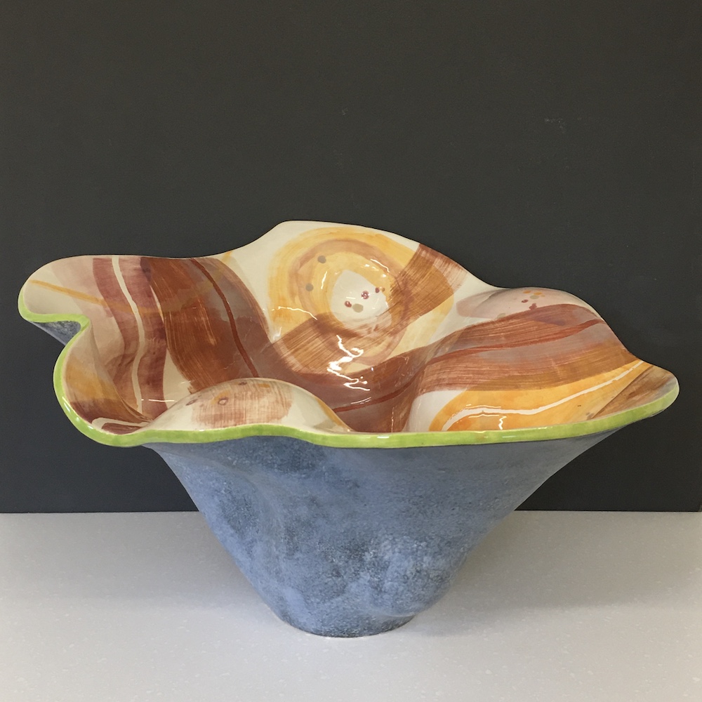 meet-thy-maker Libby Daniels Large open thrown and altered vessel with orange abstract surface H.21cm W.36cm