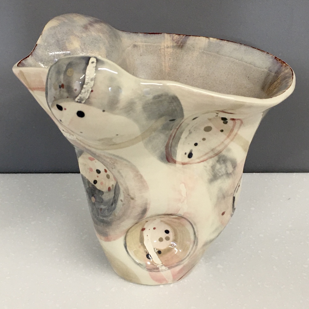 meet-thy-maker Libby Daniels small thrown and altered abstract vessel with pink and grey surface H.18cm